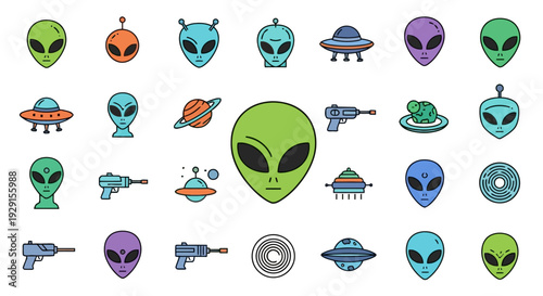 Collection of cartoon alien and UFO icons on a white background, representing space, science fiction, and extraterrestrial themes