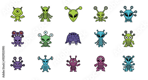 Diverse and colorful collection of cartoon alien characters, each with unique designs, perfect for representing a fun, imaginative extraterrestrial world in various creative projects