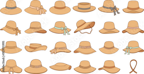 Straw Summer Hat Vector Collection with Wide Brim Sun Hats, Beach Headwear and Woven Fashion Accessories Set