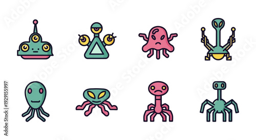 Collection of diverse cartoon alien icons, showcasing whimsical extraterrestrial beings with vibrant colors and unique shapes, perfect for sci-fi games or digital illustrations