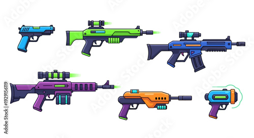 Collection of various futuristic laser guns and sci-fi weapons in bright neon colors