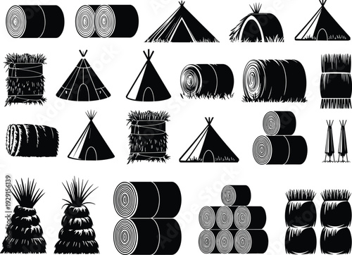 Hay bale and teepee tent silhouette collection, rustic farm and camping elements isolated on white background