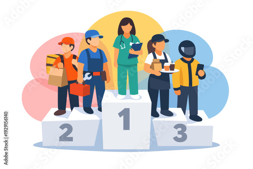Diverse Professions Celebrating Achievement on a Podium.