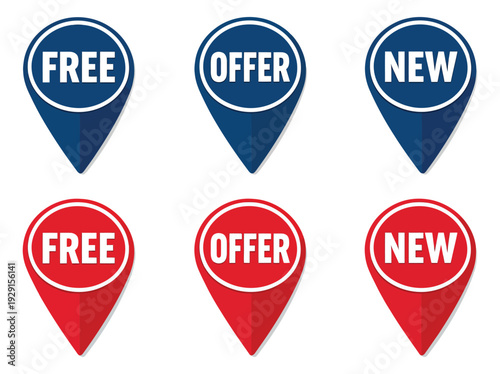 Flat design marketing label set featuring free, offer, and new map pointers for e-commerce and promotions