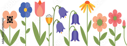 Flat Style Spring Flower Vector Set with Tulip, Bluebell, Daisy, and Decorative Floral Elements for Botanical Garden and Seasonal Design Projects.