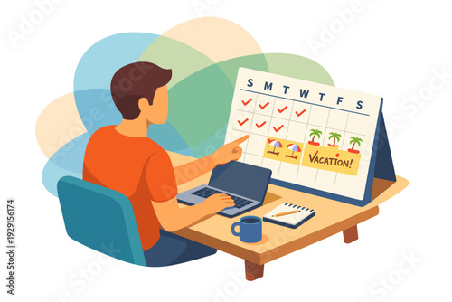 Man planning vacation on calendar at desk with laptop.