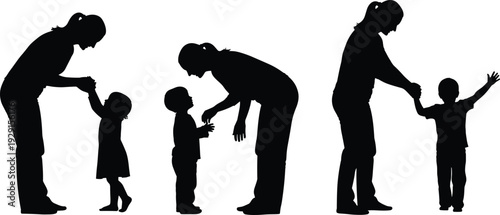Black silhouettes of women and children in various poses family parenting
