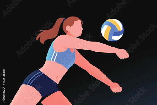Stylized cartoon illustration of female volleyball player in blue top and dark shorts performing forearm pass, dynamic action highlighted against dark background with ball in mid air.