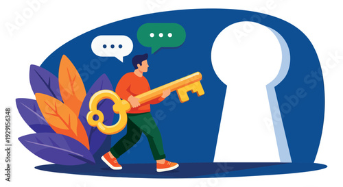 Modern illustration of a man carrying a key depicting finding a solution for opportunity and success