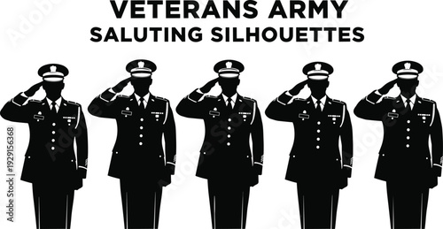 Set of five military army veterans saluting silhouettes in formal dress uniform, honoring soldiers, national heroes, and patriotic memorial day service.