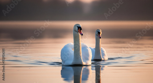 Romantic White Swan Pair Floating Gracefully on Calm Lake