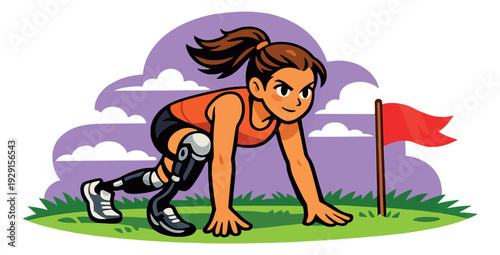 Cartoon line art illustration of a female runner with a prosthetic leg depicting a determined starting pose for a sports competition