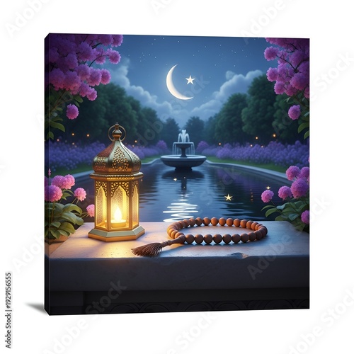 Wallpaper Mural Ramadan lantern and beads on a ledge against a moonlit pond with a fountain. Torontodigital.ca