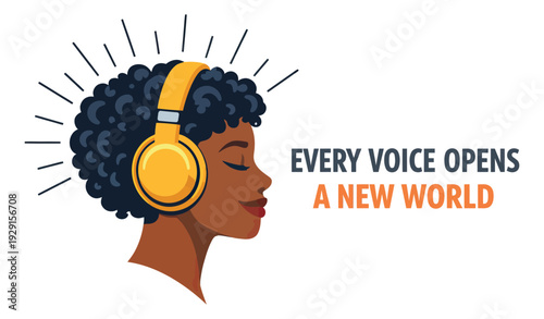 Flat design illustration of an African American woman depicting listening to sound with headphones for personal growth and empowerment