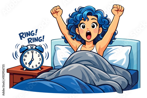 Cartoon illustration of a young woman depicting waking up and stretching for morning routine