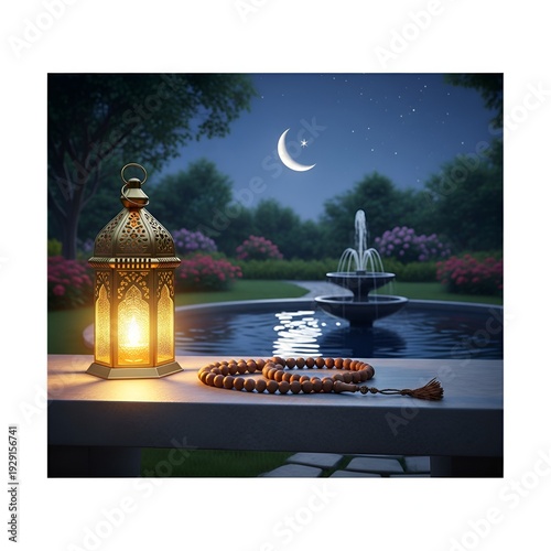 Wallpaper Mural Ramadan lantern and prayer beads shine by a fountain under a crescent moon night Torontodigital.ca