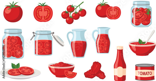 Fresh Tomato and Tomato Products Vector Set with Cherry Tomatoes, Sauce, Juice, Ketchup and Canned Preserves Collection