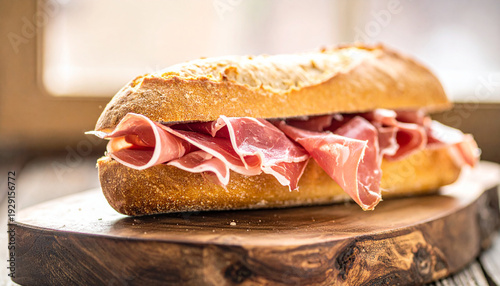Italian Style Sandwich with Ham on Wooden Board