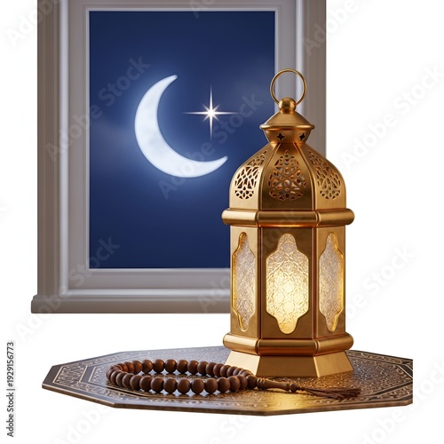 Wallpaper Mural Ramadan lantern and prayer beads on ornamented surface with crescent moon window Torontodigital.ca