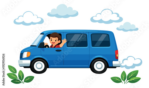 Cartoon illustration of a boy in a blue van depicting him happily waving for travel and adventure