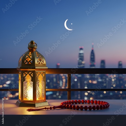 Wallpaper Mural Ramadan lantern glowing with prayer beads against a night city skyline and crescent moon Torontodigital.ca