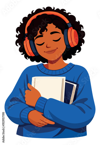 Modern flat design illustration of a young woman depicting enjoying music and books for learning and relaxation