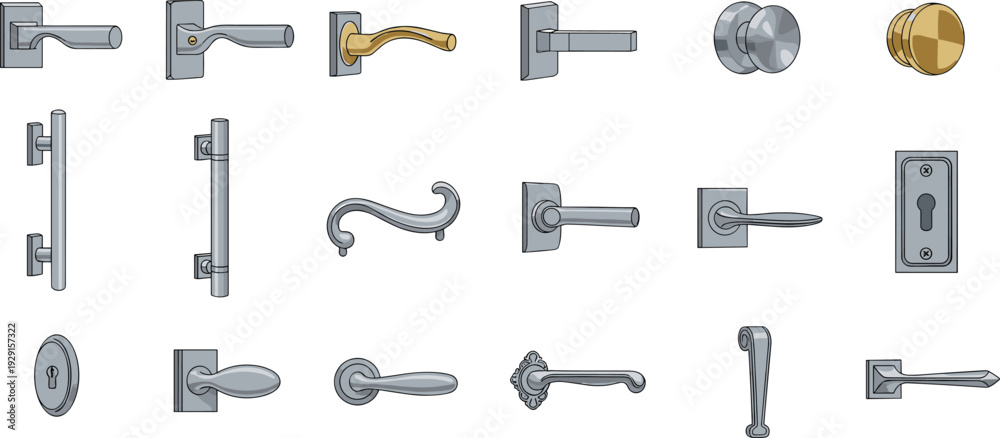 Obraz premium Door Handle and Hardware Vector Set with Modern and Classic Knobs, Levers, Locks and Metal Fixtures Collection