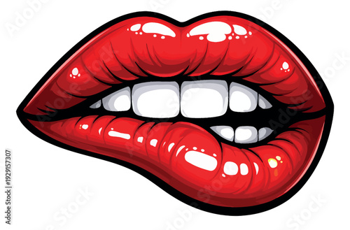 Pop art style illustration of lips depicting a sensual mouth biting the lower lip for beauty and fashion concepts