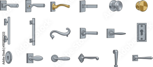 Door Handle and Hardware Vector Set with Modern and Classic Knobs, Levers, Locks and Metal Fixtures Collection