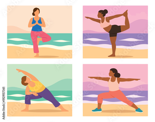 Flat design yoga illustration set featuring diverse women in various yoga poses for wellness and healthy lifestyle