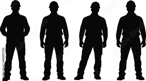Four black silhouettes of men wearing hard hats and casual work clothes standing