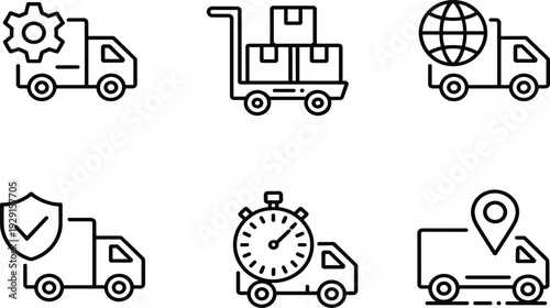 Logistics icon set with delivery truck gear, cargo trolley, global shipping, insurance shield and fast stopwatch