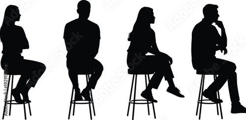 Four people sitting on stools in black silhouette silhouettes