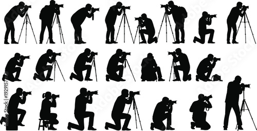 Set of photographer silhouettes including men and women using professional cameras, tripods, sitting, kneeling, and standing for media and journalism.