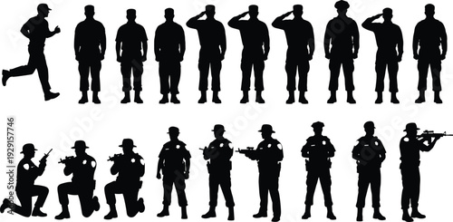 Set of military and police silhouettes including soldiers saluting, officers with rifles, tactical teams, and security personnel for law enforcement projects.