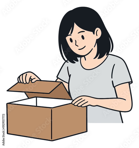 Hand drawn line art illustration of a woman depicting opening a cardboard box for delivery