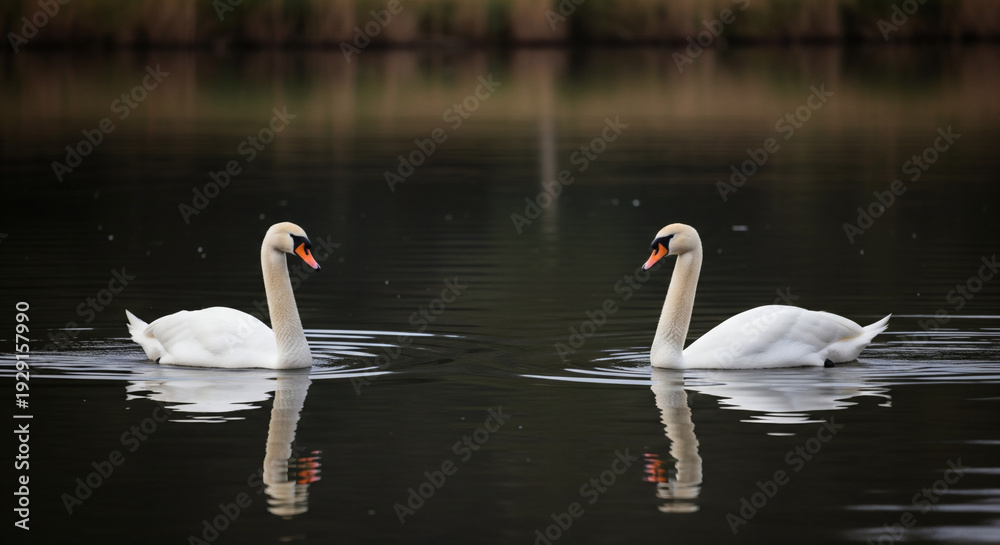 Obraz premium Romantic White Swan Pair Floating Gracefully on Calm Lake