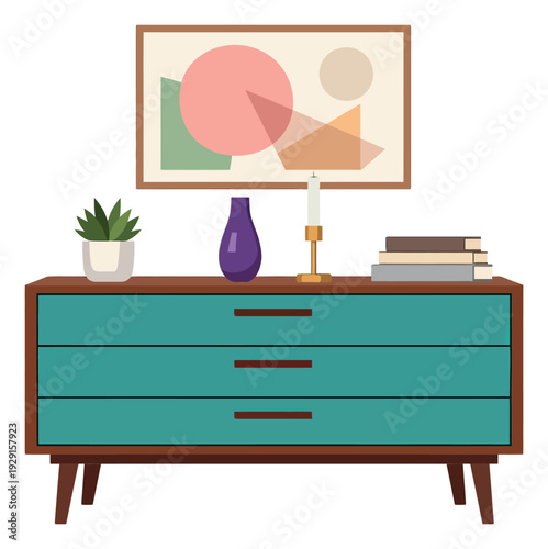 Mid-century modern style illustration of a dresser depicting home decor for interior design