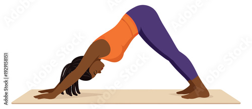 Simplified flat illustration of an African American woman depicting a downward facing dog yoga pose for health and wellness content