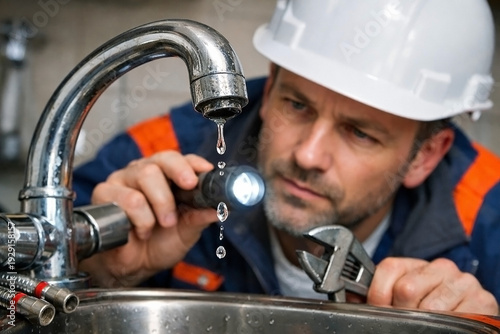 Plumber mechanic repairs a faucet with a flashlight in his hands