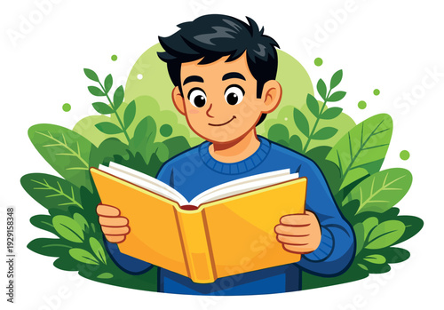 Cartoon illustration of a young boy depicting reading a book for education