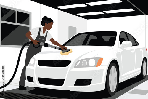 Cartoon illustration of worker polishing white car hood with power buffer and yellow pad inside clean garage, bright setting emphasizing professional automotive detailing and maintenance.