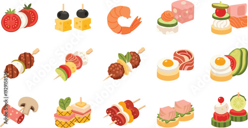 Assorted Gourmet Appetizers Vector Set with Shrimp, Cheese, Skewers, Salmon and Fresh Canape Snacks Collection