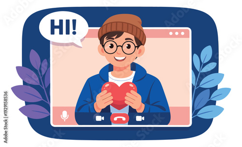 Flat design illustration of a young man depicting him holding a heart on a video call for virtual relationships