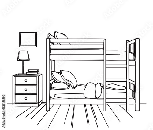 Children room graphic black white home interior sketch illustration vector, bunk bed
