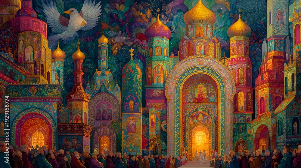Fototapeta premium Grand, ornate architectural complex, illuminated with vibrant hues, hosts a large ceremonial gathering, evoking awe and festive communal celebration.