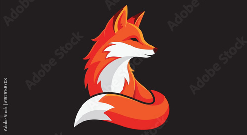 A vibrant orange fox with white fur sits calmly on a dark background