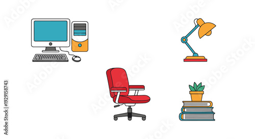 Home Office Line art modern color design illustration