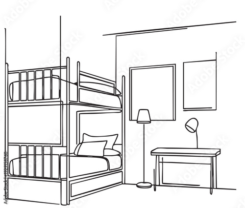 Children room graphic black white home interior sketch illustration vector, bunk bed