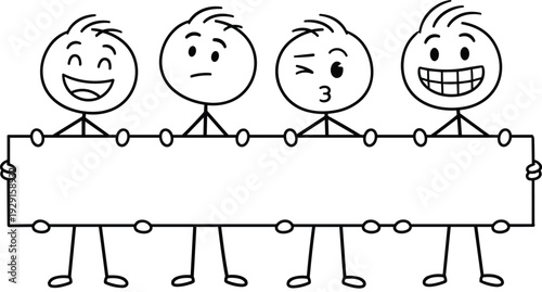 Four stick figures holding a sign with different facial expressions cartoon characters people faces emotions